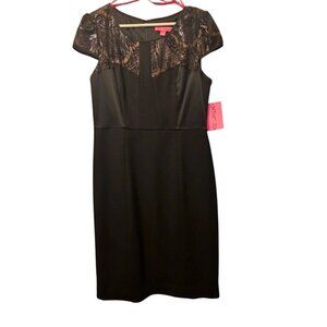 Betsey Johnson Black Lace & Sequin Cocktail Dress Size 10 Cap Sleeves Sheath Sty